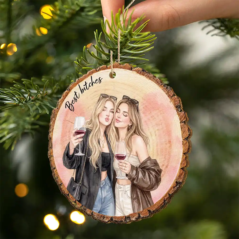 Afro Besties,Art Design,Christmas,Custom Photo,Gift For Bestie,Happy,Photo - Vivid Watercolor Art,Top Market - Christmas Gift For Best Friend - Personalized Custom Photo Watercolor Besties Forever Wooden Ornament