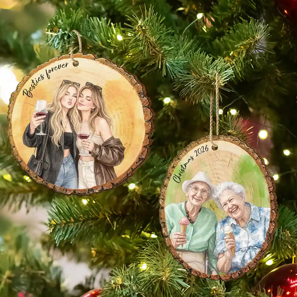 Afro Besties,Art Design,Christmas,Custom Photo,Gift For Bestie,Happy,Photo - Vivid Watercolor Art,Top Market - Christmas Gift For Best Friend - Personalized Custom Photo Watercolor Besties Forever Wooden Ornament