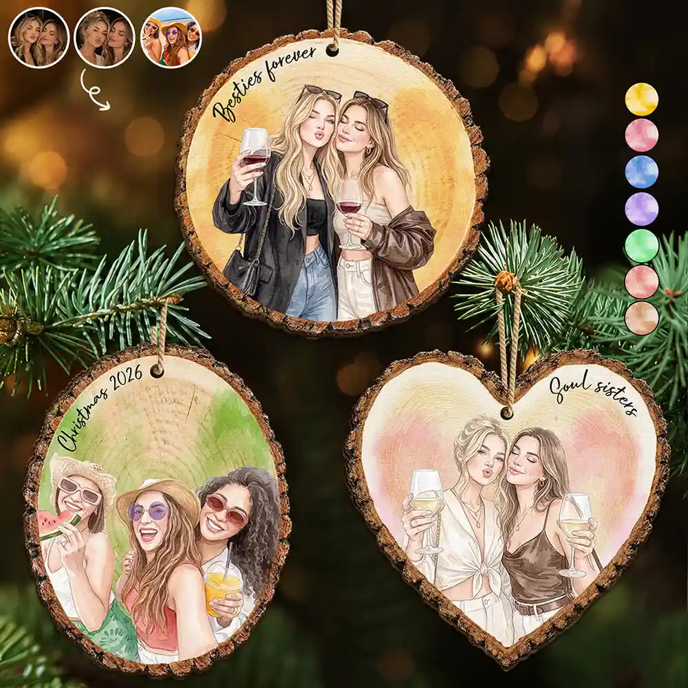 Afro Besties,Art Design,Christmas,Custom Photo,Gift For Bestie,Happy,Photo - Vivid Watercolor Art,Top Market - Christmas Gift For Best Friend - Personalized Custom Photo Watercolor Besties Forever Wooden Ornament