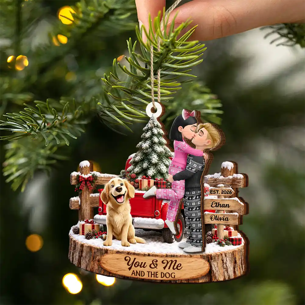 Christmas,Dog Couple,Dog Lovers,Gift For Couples,Pet Lovers,Playful,Vector - Christmas Gift For Couples With Dogs - Personalized 2-Layered Wooden Ornament