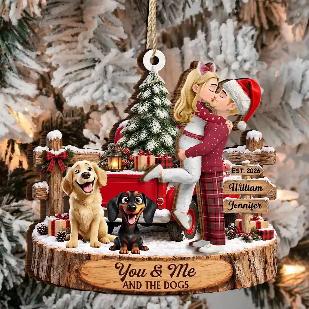 Christmas,Dog Couple,Dog Lovers,Gift For Couples,Pet Lovers,Playful,Vector - Christmas Gift For Couples With Dogs - Personalized 2-Layered Wooden Ornament