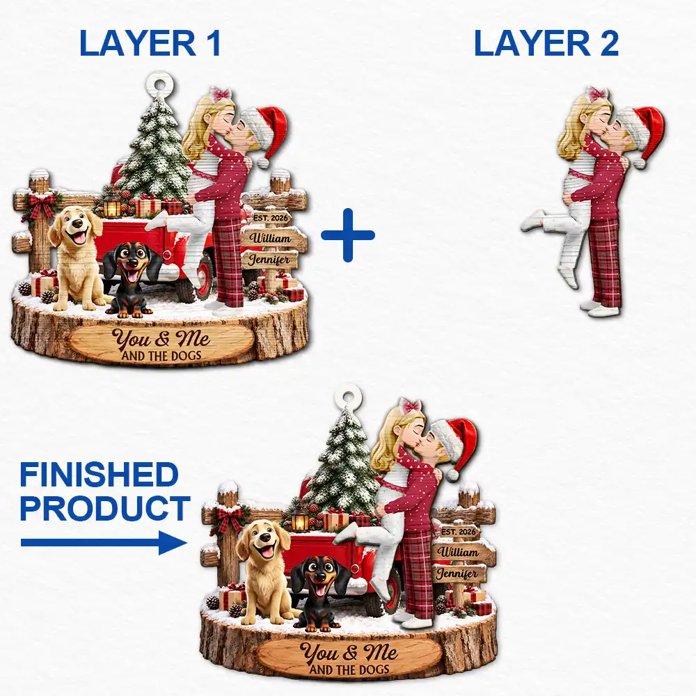 Christmas,Dog Couple,Dog Lovers,Gift For Couples,Pet Lovers,Playful,Vector - Christmas Gift For Couples With Dogs - Personalized 2-Layered Wooden Ornament