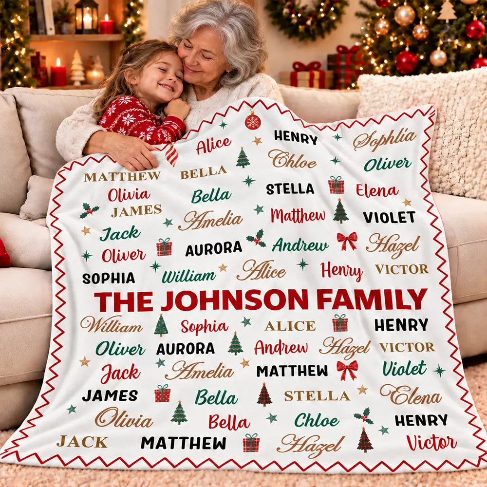 Christmas Gift For Grandma Mom - Personalized Family & Member Names Word Art Christmas Fleece Blanket, Sherpa Blanket