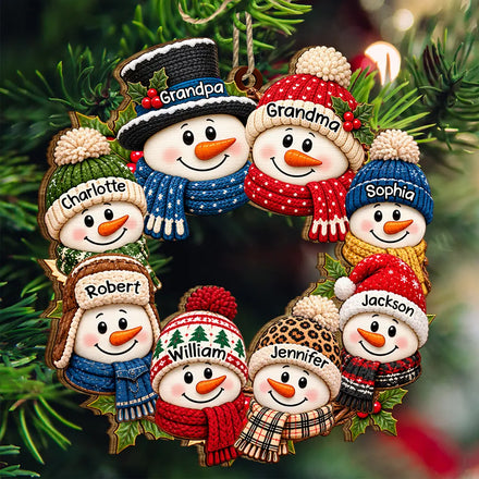 Christmas Gift For Grandparents - Personalized Snowman Wreath Wooden Ornament