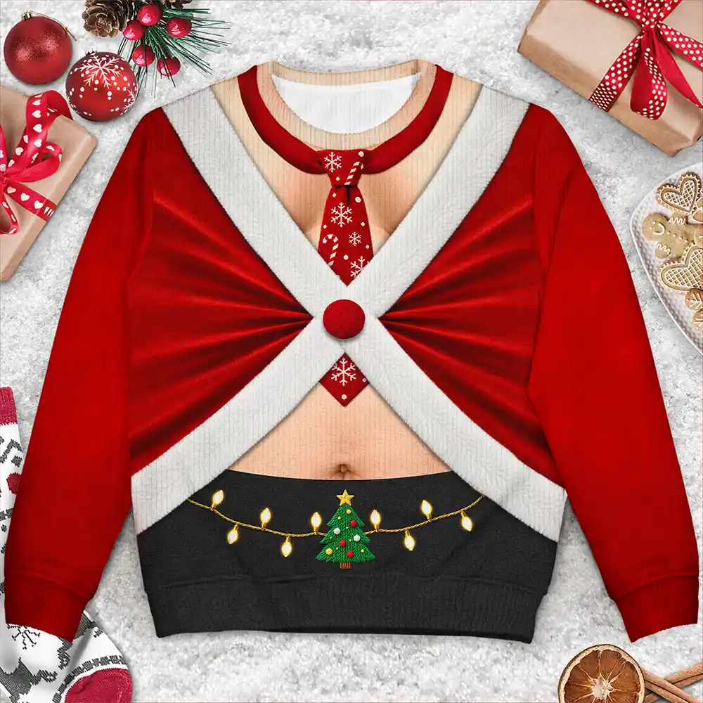 Christmas,Gift For Men,Gift For Yourself,Gifts For Him,Humorous,Icon - Christmas Gift For Husband Dad Grandpa - Personalized Santa Elf Hairy Belly Unisex Ugly Sweater