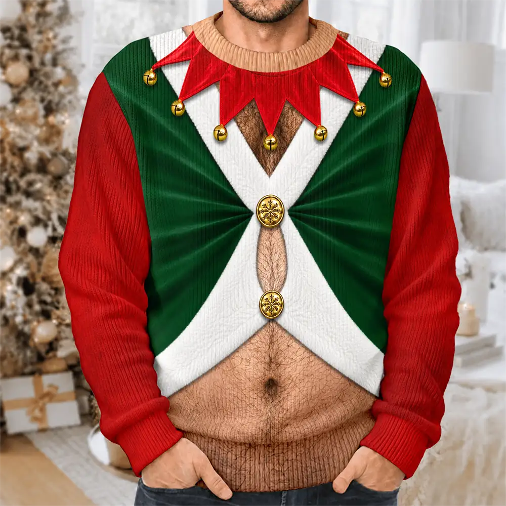 Christmas,Gift For Men,Gift For Yourself,Gifts For Him,Humorous,Icon - Christmas Gift For Husband Dad Grandpa - Personalized Santa Elf Hairy Belly Unisex Ugly Sweater