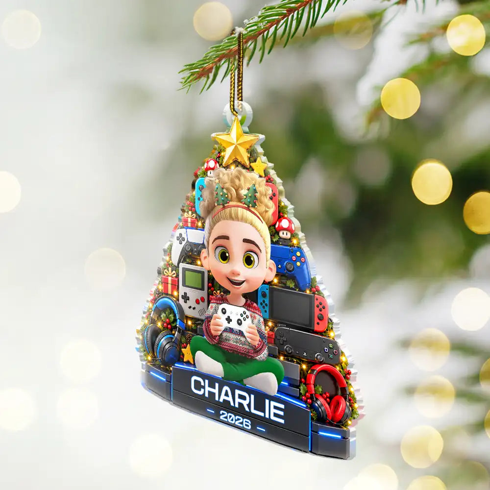Christmas, Gaming, Gift For Kids, Happy, Vector - Christmas Gift For Kids - Personalized Gamers Christmas Tree Acrylic Ornament