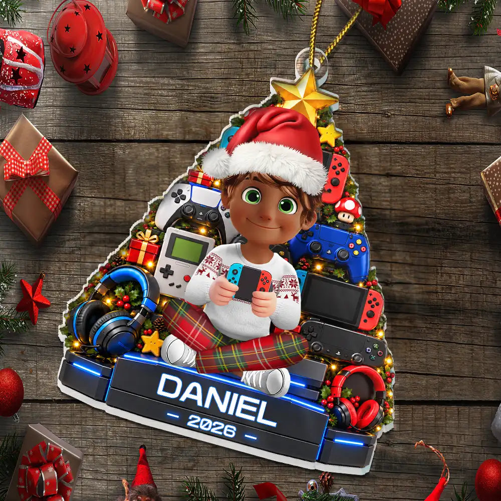 Christmas, Gaming, Gift For Kids, Happy, Vector - Christmas Gift For Kids - Personalized Gamers Christmas Tree Acrylic Ornament