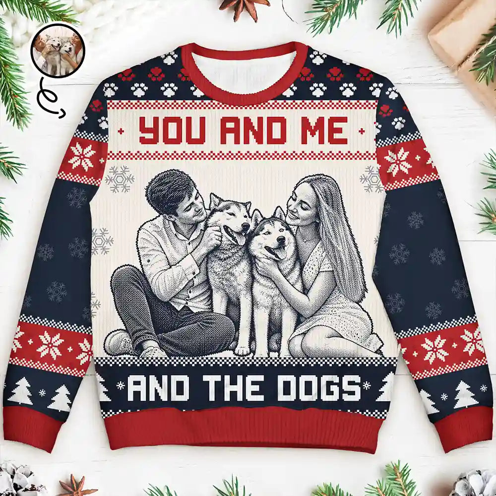 Art Design,Christmas,Custom Photo,Gift For Couples,Pet Couple,Pet Lovers,Photo -  Knit-Style Line Art,Romantic - Christmas Gift For Pet Couples - Personalized Custom Photo You And Me And The Dogs Unisex Ugly Sweater