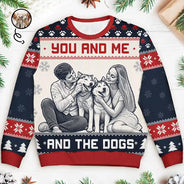 Art Design,Christmas,Custom Photo,Gift For Couples,Pet Couple,Pet Lovers,Photo -  Knit-Style Line Art,Romantic - Christmas Gift For Pet Couples - Personalized Custom Photo You And Me And The Dogs Unisex Ugly Sweater