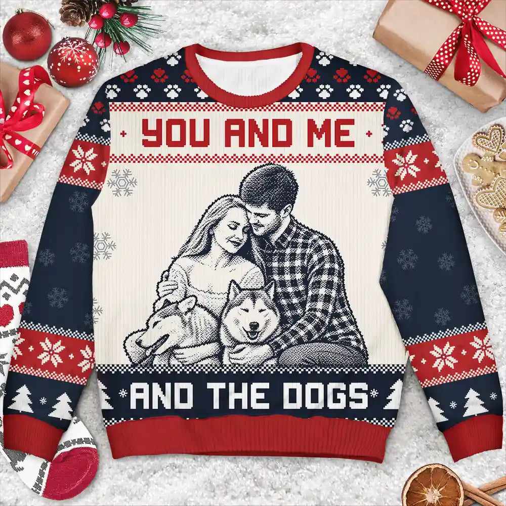 Art Design,Christmas,Custom Photo,Gift For Couples,Pet Couple,Pet Lovers,Photo -  Knit-Style Line Art,Romantic - Christmas Gift For Pet Couples - Personalized Custom Photo You And Me And The Dogs Unisex Ugly Sweater