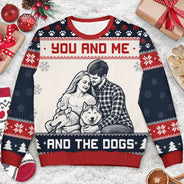 Art Design,Christmas,Custom Photo,Gift For Couples,Pet Couple,Pet Lovers,Photo -  Knit-Style Line Art,Romantic - Christmas Gift For Pet Couples - Personalized Custom Photo You And Me And The Dogs Unisex Ugly Sweater