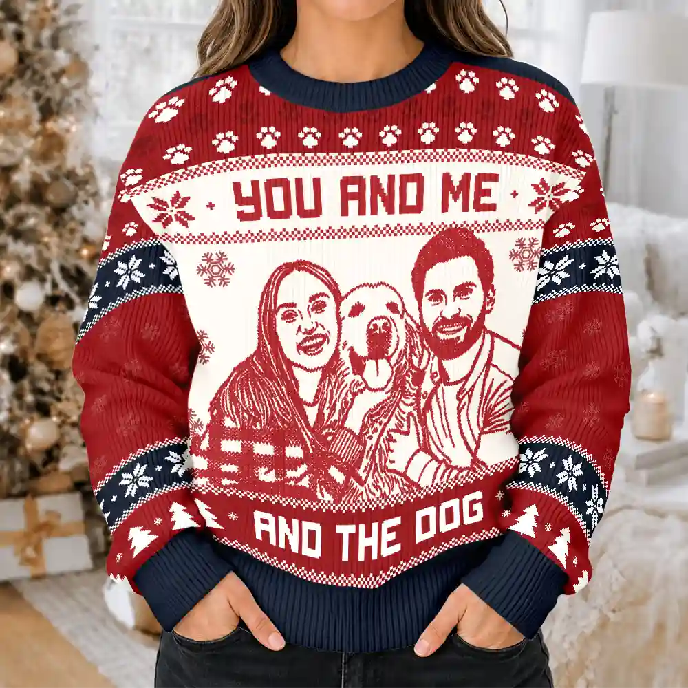 Art Design,Christmas,Custom Photo,Gift For Couples,Pet Couple,Pet Lovers,Photo -  Knit-Style Line Art,Romantic - Christmas Gift For Pet Couples - Personalized Custom Photo You And Me And The Dogs Unisex Ugly Sweater