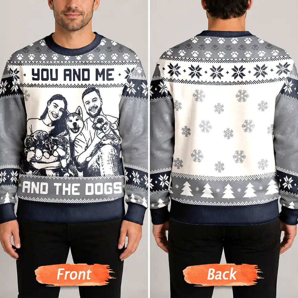 Art Design,Christmas,Custom Photo,Gift For Couples,Pet Couple,Pet Lovers,Photo -  Knit-Style Line Art,Romantic - Christmas Gift For Pet Couples - Personalized Custom Photo You And Me And The Dogs Unisex Ugly Sweater