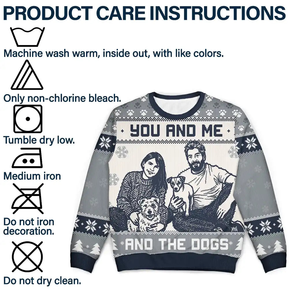 Art Design,Christmas,Custom Photo,Gift For Couples,Pet Couple,Pet Lovers,Photo -  Knit-Style Line Art,Romantic - Christmas Gift For Pet Couples - Personalized Custom Photo You And Me And The Dogs Unisex Ugly Sweater