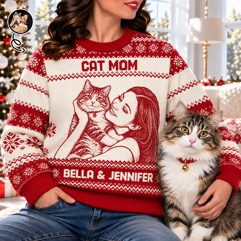 Art Design,Christmas,Custom Photo,Pet Lovers,Photo -  Knit-Style Line Art,Playful - Christmas Gift For Pet Lovers - Personalized Custom Photo Best Dog Mom Ever Knit Line Art Unisex Ugly Sweater