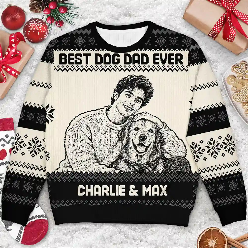 Art Design,Christmas,Custom Photo,Pet Lovers,Photo -  Knit-Style Line Art,Playful - Christmas Gift For Pet Lovers - Personalized Custom Photo Best Dog Mom Ever Knit Line Art Unisex Ugly Sweater