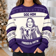 Art Design,Christmas,Custom Photo,Pet Lovers,Photo -  Knit-Style Line Art,Playful - Christmas Gift For Pet Lovers - Personalized Custom Photo Best Dog Mom Ever Knit Line Art Unisex Ugly Sweater