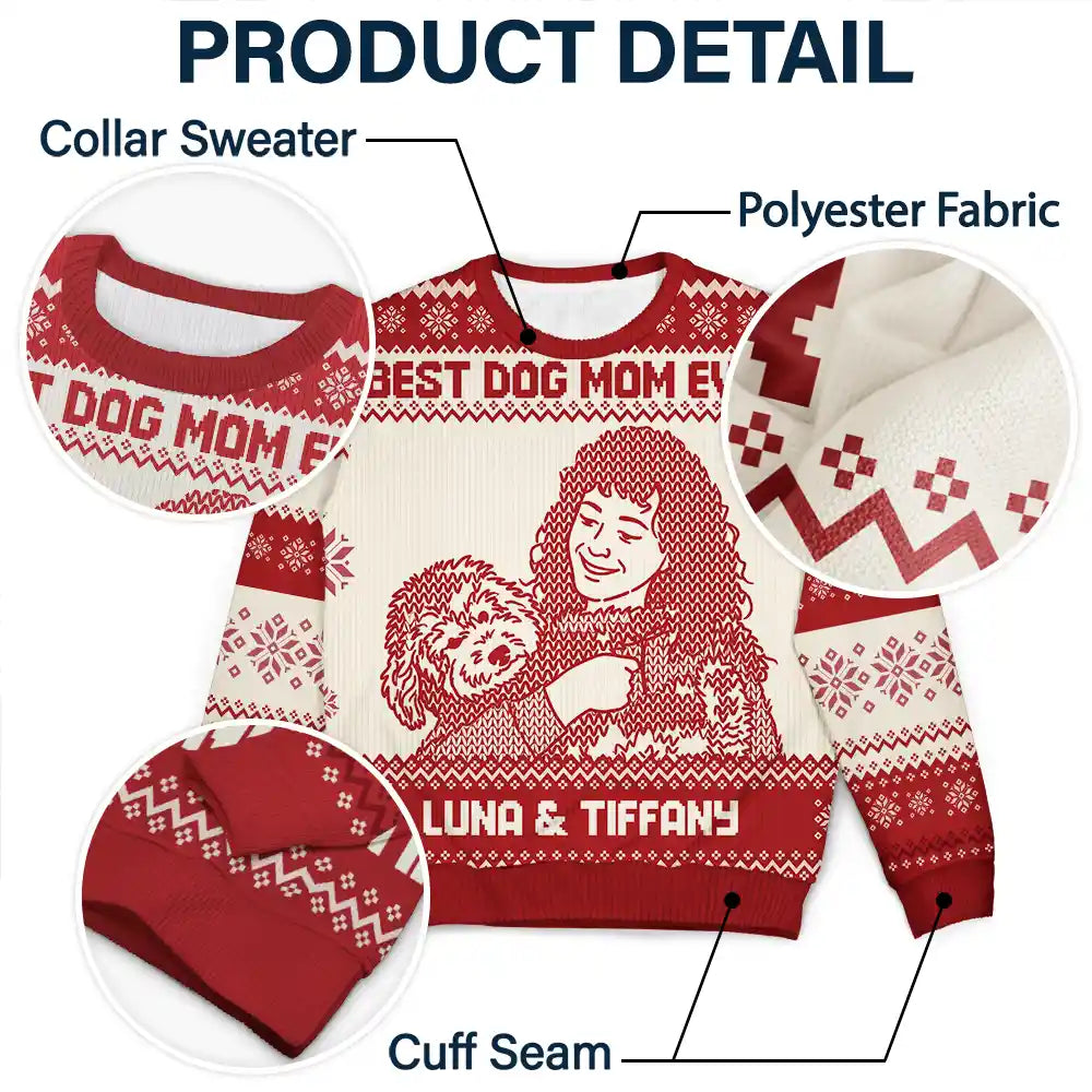 Art Design,Christmas,Custom Photo,Pet Lovers,Photo -  Knit-Style Line Art,Playful - Christmas Gift For Pet Lovers - Personalized Custom Photo Best Dog Mom Ever Knit Line Art Unisex Ugly Sweater