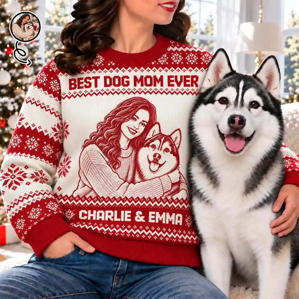 Art Design,Christmas,Custom Photo,Pet Lovers,Photo -  Knit-Style Line Art,Playful - Christmas Gift For Pet Lovers - Personalized Custom Photo Best Dog Mom Ever Knit Line Art Unisex Ugly Sweater
