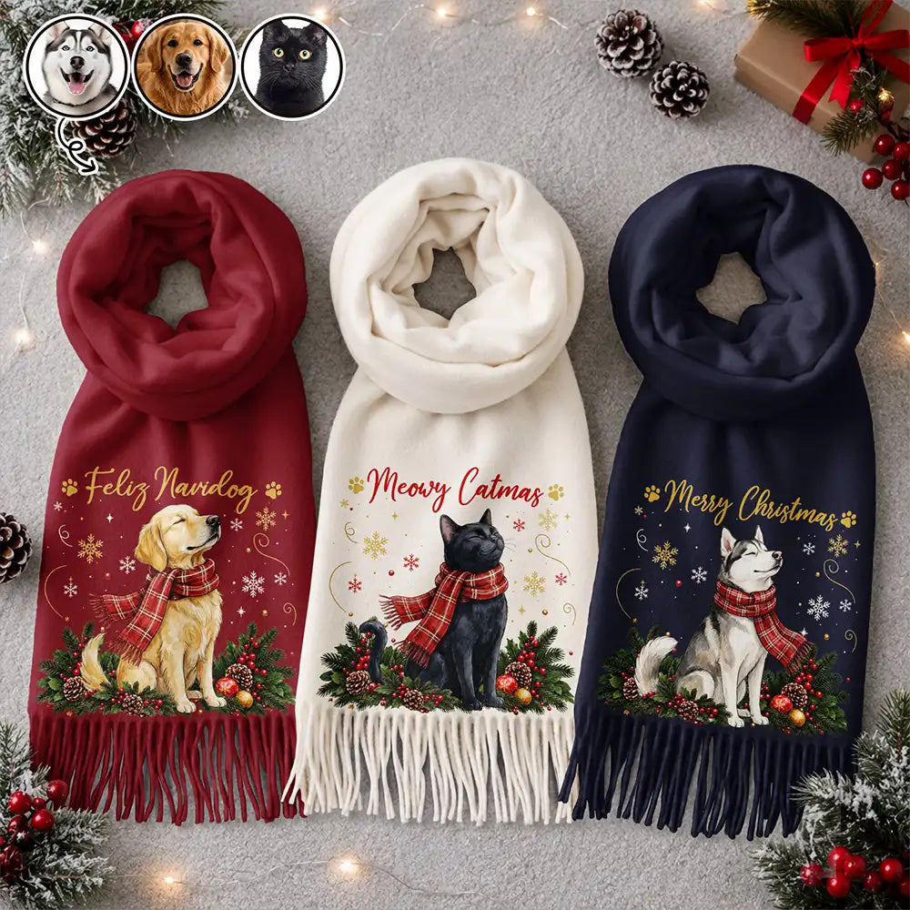 Christmas Gift For Pet Lovers - Personalized Custom Photo Watercolor Pet Portrait Tassel Scarf