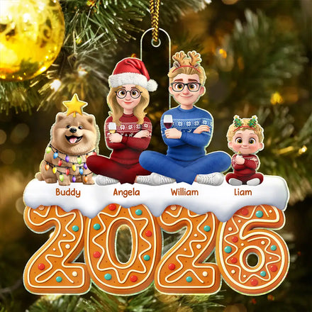 Christmas Gingerbread Family Sitting Together - Personalized Custom Shaped Acrylic Ornament