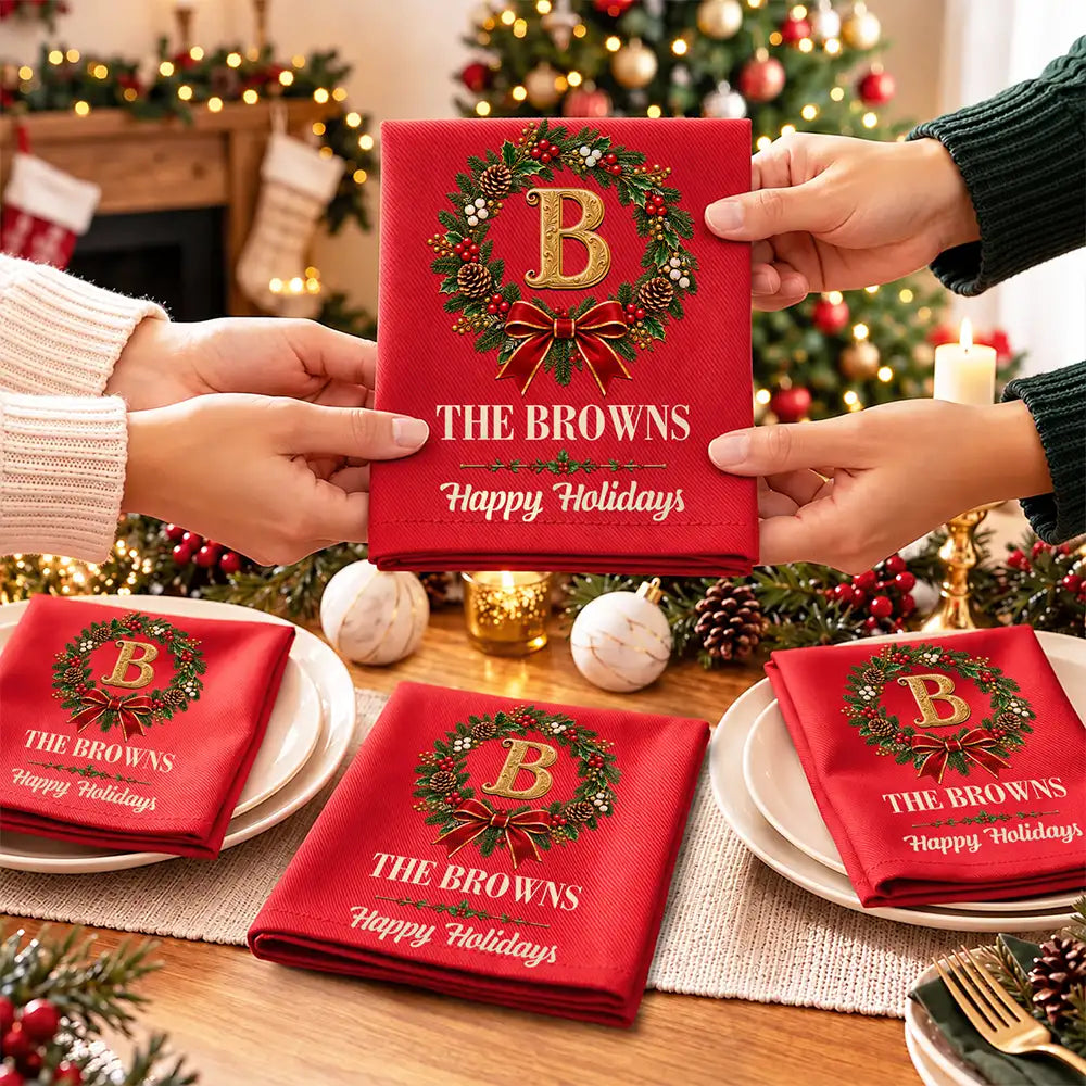 Christmas, Family, Icon, Sentimental, Top Market - Christmas Home Decor Gift For Family - Personalized Family Name & Monogram In Holly Wreath Reusable Napkin
