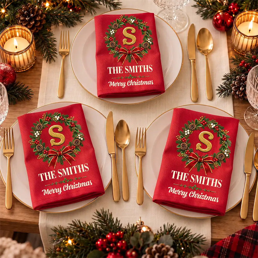 Christmas Home Decor Gift For Family - Personalized Family Name & Monogram In Holly Wreath Reusable Napkin