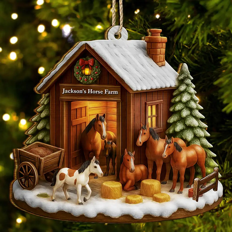 Christmas,Farm,Gift For Yourself,Happy - Christmas Horse Farm - Personalized Custom Shaped Wooden Ornament