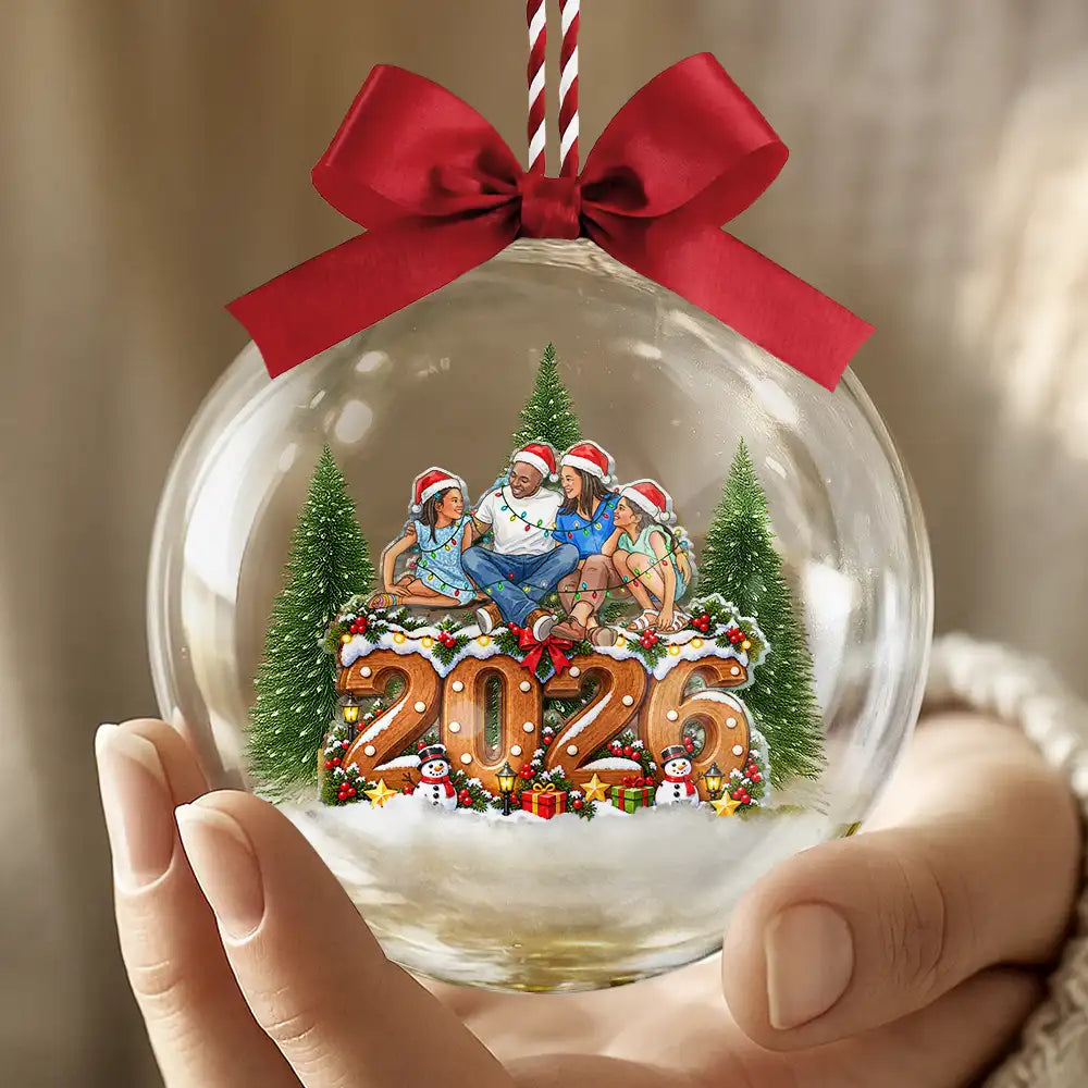 Art Design,Christmas,Custom Photo,Family,Happy,Photo - Portrait With Santa Hat & Christmas Lights - Christmas Keepsake Gift For Family - Personalized Custom Photo Watercolor Portrait 3D Acrylic Ball Ornament