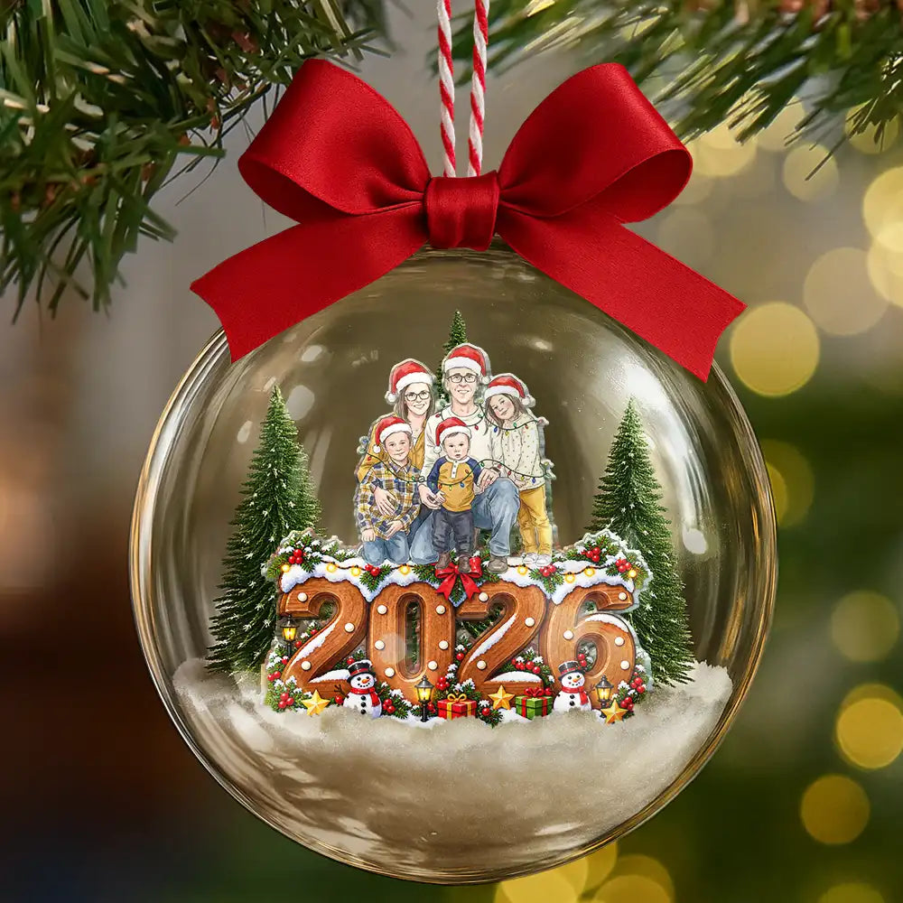 Art Design,Christmas,Custom Photo,Family,Happy,Photo - Portrait With Santa Hat & Christmas Lights - Christmas Keepsake Gift For Family - Personalized Custom Photo Watercolor Portrait 3D Acrylic Ball Ornament