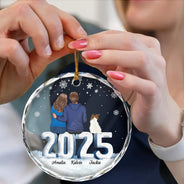 Gift For Couples, Dog Lovers, Cat Lovers, Pet Lovers, Pet Couple - Christmas Loving Couple Dog Cat - Personalized Circle Glass Ornament