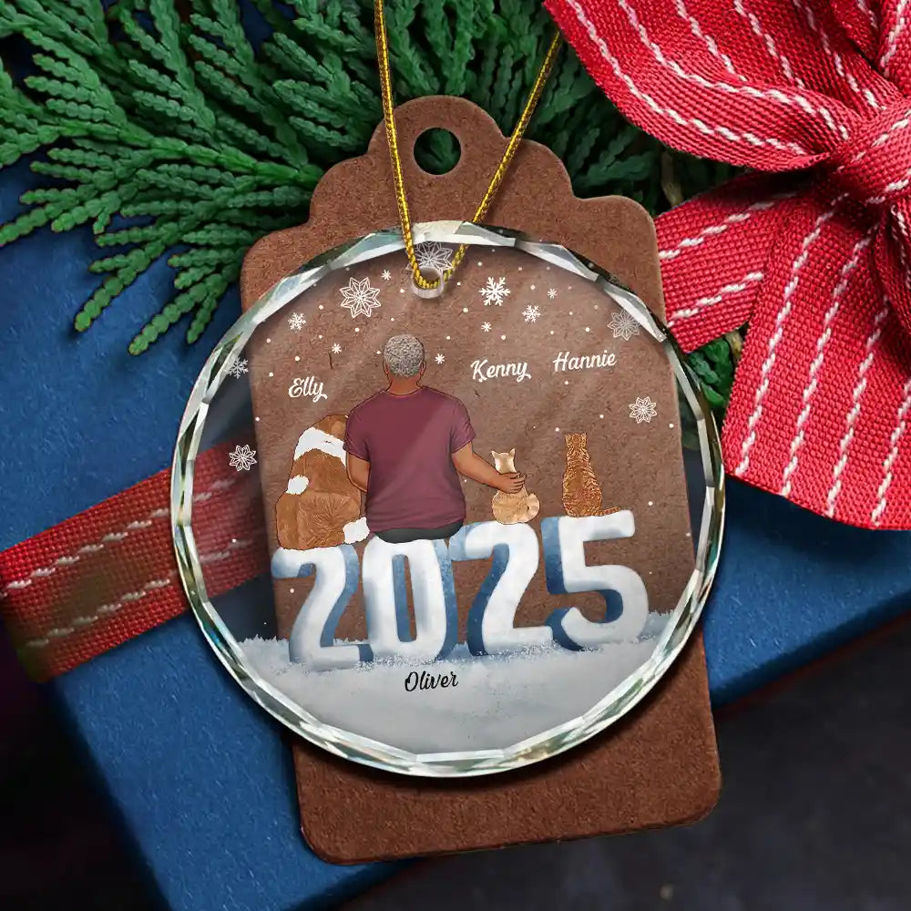 Gift For Couples, Dog Lovers, Cat Lovers, Pet Lovers, Pet Couple - Christmas Loving Couple Dog Cat - Personalized Circle Glass Ornament
