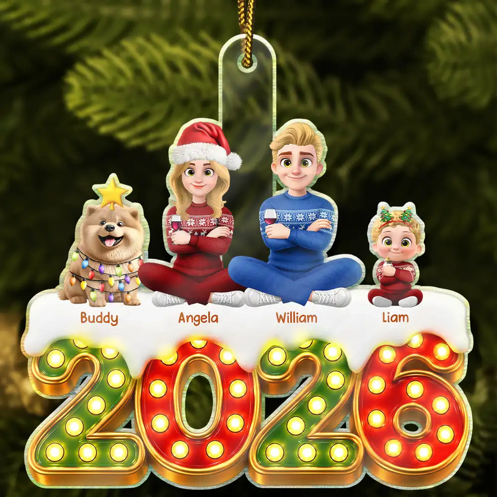 Christmas,Cozy,Family,Vector - Christmas Marquee Lights Family - Personalized Custom Shaped Acrylic Ornament