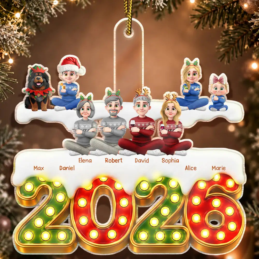 Christmas,Cozy,Family,Vector - Christmas Marquee Lights Family - Personalized Custom Shaped Acrylic Ornament