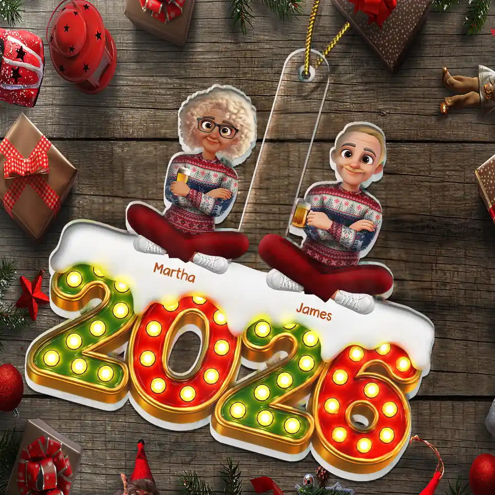 Christmas,Cozy,Family,Vector - Christmas Marquee Lights Family - Personalized Custom Shaped Acrylic Ornament