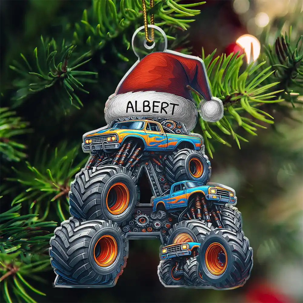 Christmas Monster Truck Monogram For Kid - Personalized Custom Shaped Acrylic Ornament