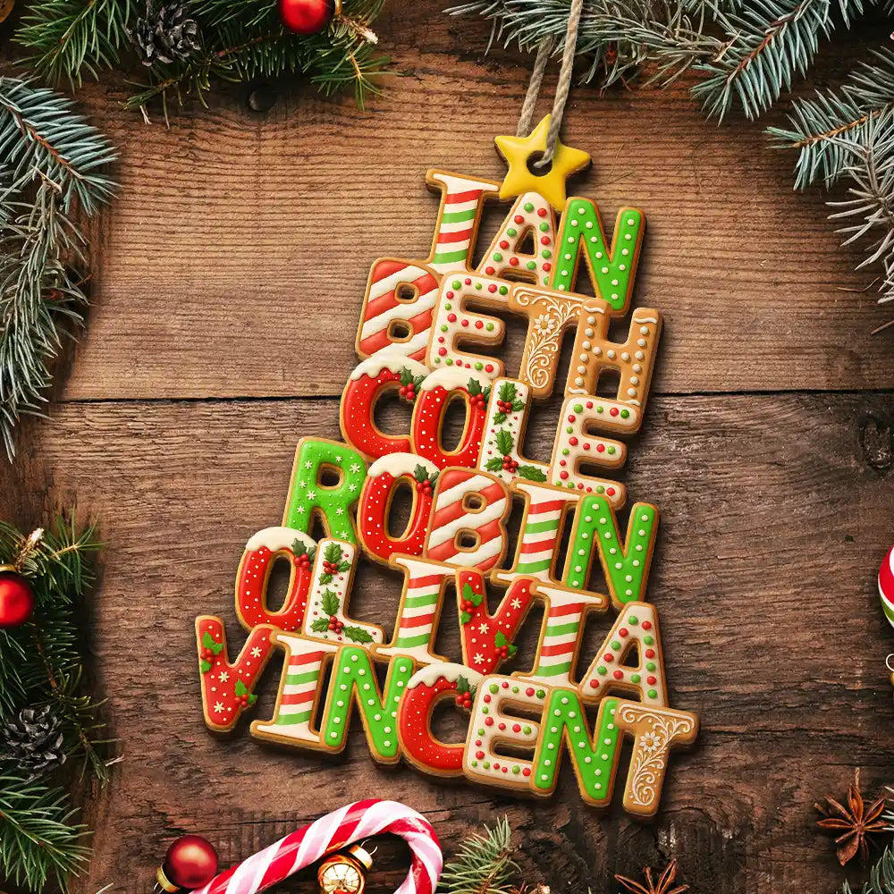 Christmas Pattern Tree With Names - Personalized Custom Shaped Wooden Ornament
