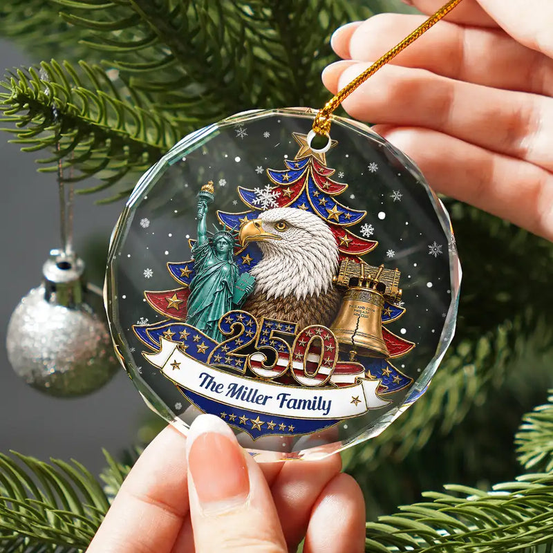 Independence Day,America 250th,Christmas,Proud,Family,Custom Text - Christmas Proud America Family 250th Anniversary - Personalized Circle Glass Ornament