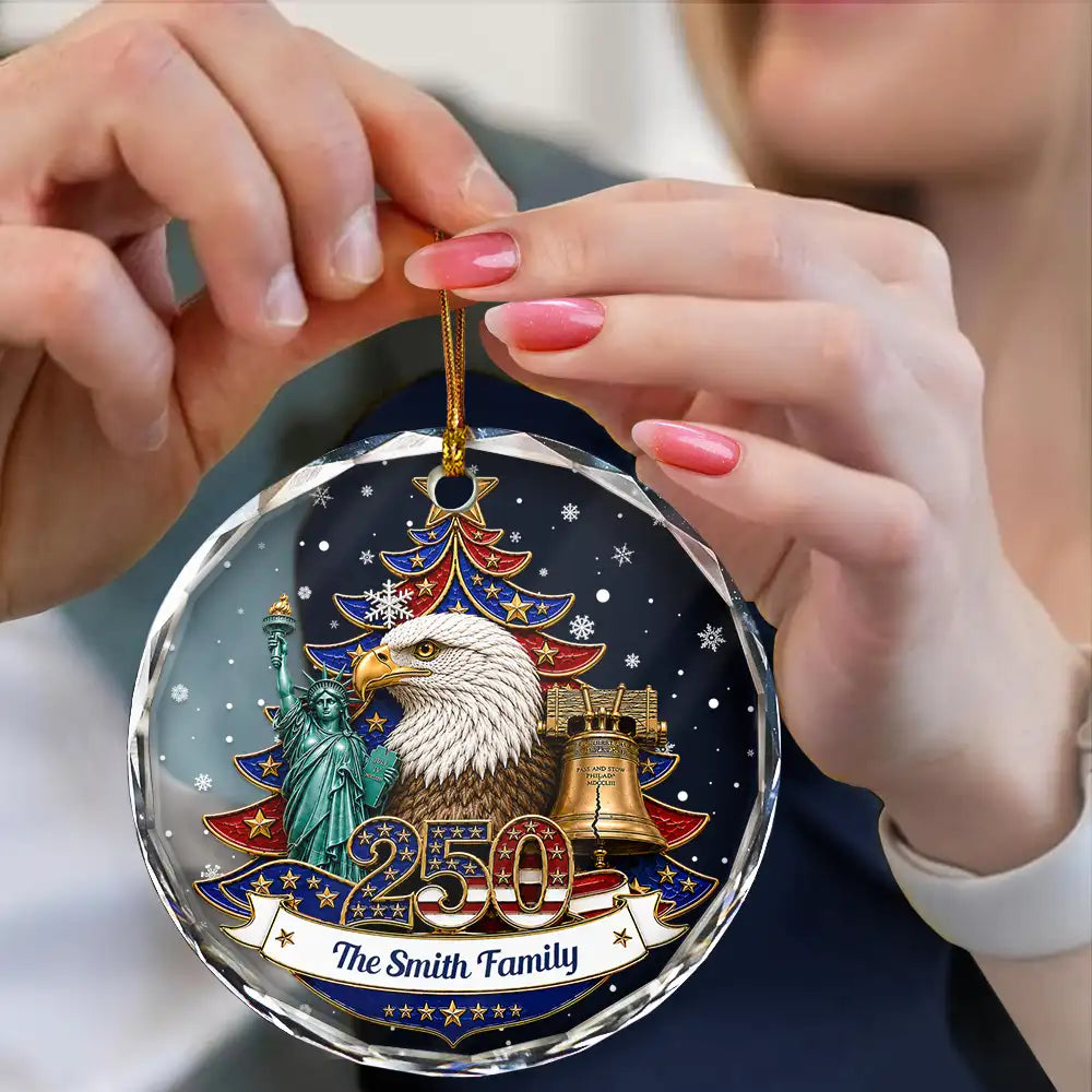 Independence Day,America 250th,Christmas,Proud,Family,Custom Text - Christmas Proud America Family 250th Anniversary - Personalized Circle Glass Ornament