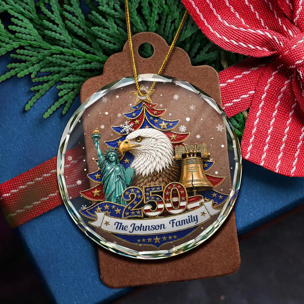 Independence Day,America 250th,Christmas,Proud,Family,Custom Text - Christmas Proud America Family 250th Anniversary - Personalized Circle Glass Ornament