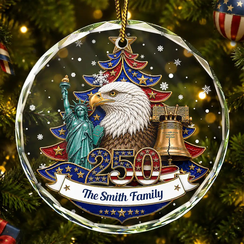 Independence Day,America 250th,Christmas,Proud,Family,Custom Text - Christmas Proud America Family 250th Anniversary - Personalized Circle Glass Ornament