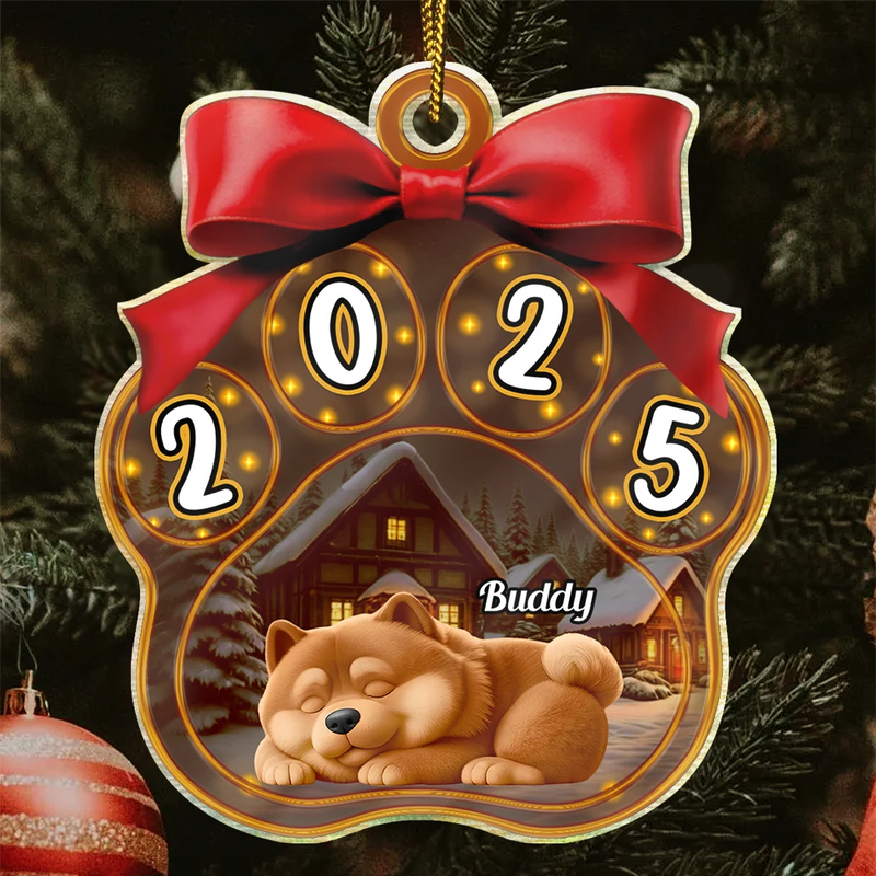 Christmas,Pet Lovers,Pet Mom,Pet Dad,Dog Lovers,Dog Mom,Dog Dad,Happy - Christmas Sleeping Dogs Pawprint - Personalized Custom Shaped Acrylic Ornament