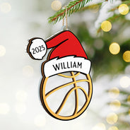 Gift For Kids, Happy, Christmas, Baseball, Softball, Basketball, Football - Christmas Sport Ball Santa Hat Custom Name - Personalized 2-Layered Mix Ornament