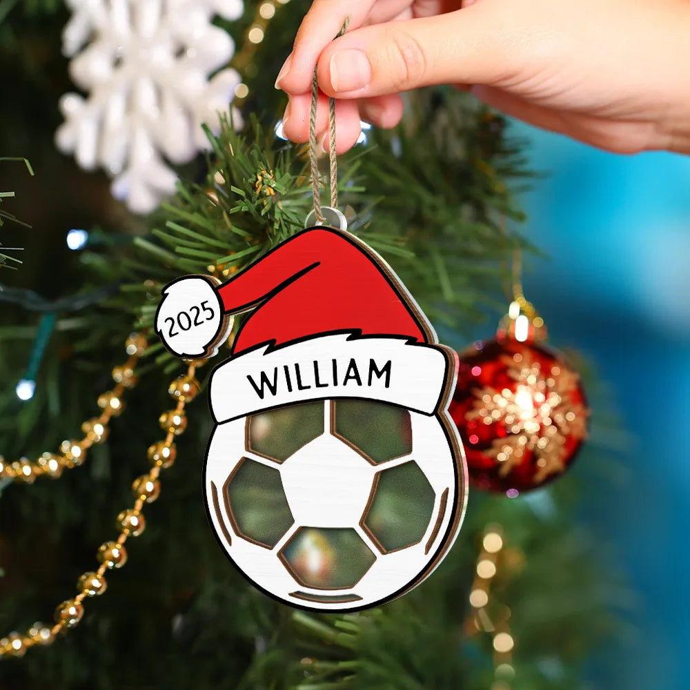 Gift For Kids, Happy, Christmas, Baseball, Softball, Basketball, Football - Christmas Sport Ball Santa Hat Custom Name - Personalized 2-Layered Mix Ornament