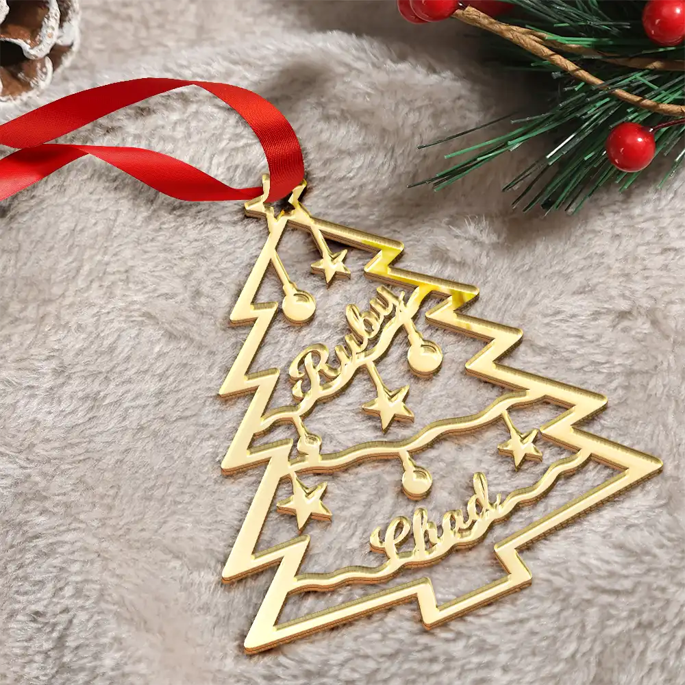 Christmas, Happy, Family - Christmas Tree With Names - Personalized DIY Mirror Acrylic Ornament