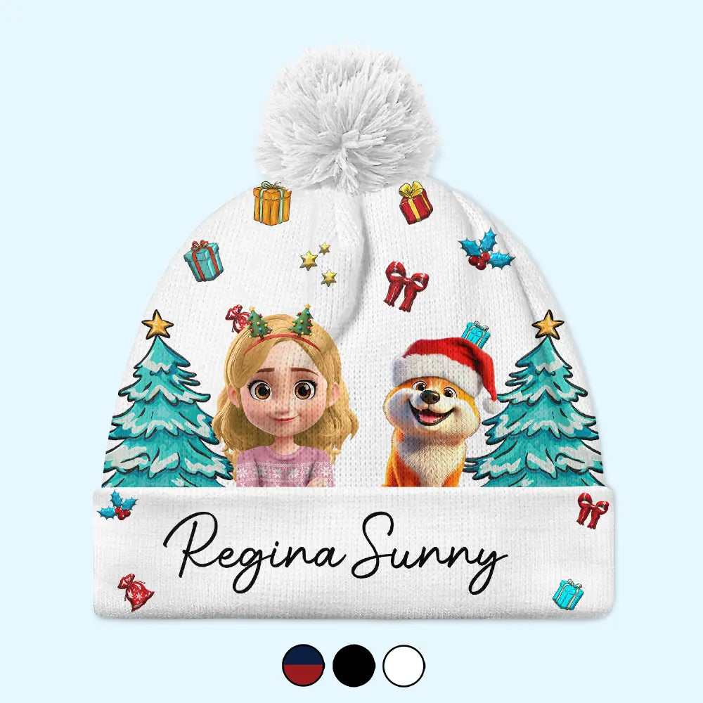 Pet Lovers,Pet Mom,Pet Dad,Happy,Dog Lovers,Dog Mom,Dog Dad - Christmas Woman Man And Dogs 3D Effect - Personalized Bobble Beanie Hat