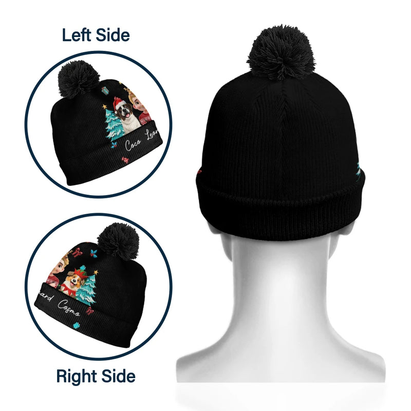 Pet Lovers,Pet Mom,Pet Dad,Happy,Dog Lovers,Dog Mom,Dog Dad - Christmas Woman Man And Dogs 3D Effect - Personalized Bobble Beanie Hat