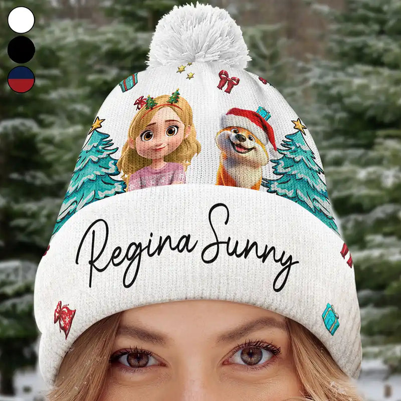 Pet Lovers,Pet Mom,Pet Dad,Happy,Dog Lovers,Dog Mom,Dog Dad - Christmas Woman Man And Dogs 3D Effect - Personalized Bobble Beanie Hat