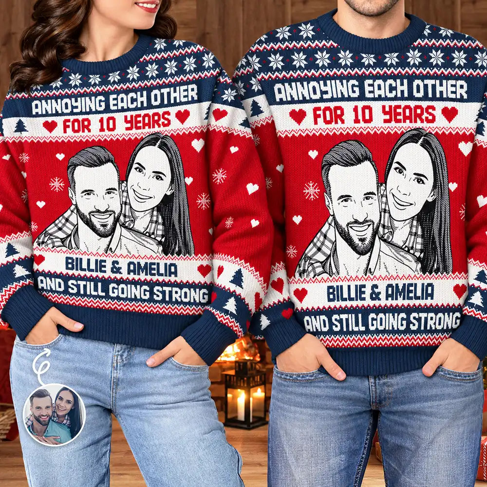 Art Design, Christmas, Custom Photo, Gift For Couples, Old Couples, Photo -  Knit-Style Line Art, Romantic - Christmas Gift For Couples - Personalized Custom Photo Annoying Each Other For Many Years Unisex Ugly Sweater